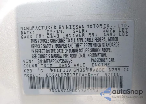 2019 Nissan Sentra Sv z USA, uszkodzony, nr VIN 3N1AB7AP0KY359993